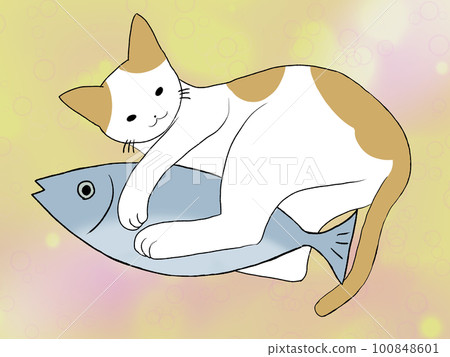 一隻貓抱著一條魚的手繪插圖 一隻貓抱著一條魚的手繪插圖 100848601