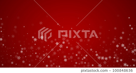 Beautiful snowfall christmas background. Subtle flying snow flakes and stars on christmas red background. Beautiful snowfall overlay template. Wide vector illustration. Beautiful snowfall christmas background. Subtle flying snow flakes and stars on christmas red background. Beautiful snowfall overlay template. Wide vector illustration. 100848636