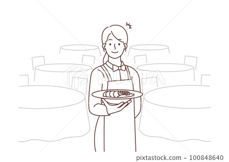 Smiling waitress serving meal in restaurant Smiling waitress serving meal in restaurant 100848640
