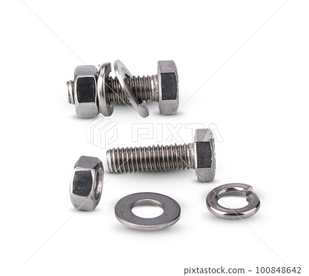 Hex bolt nut and washer on white background.. Hex bolt nut and washer on white background.. 100848642