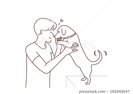 Happy man playing with dog Happy man playing with dog 100848647