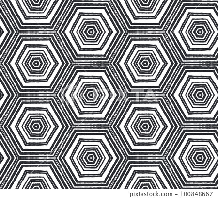 Tiled watercolor pattern. Black symmetrical kaleidoscope background. Hand painted tiled watercolor seamless. Textile ready bizarre print, swimwear fabric, wallpaper, wrapping. 100848667