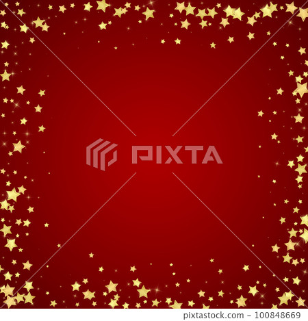Magic stars vector overlay. Gold stars scattered around randomly, falling down, floating. Chaotic dreamy childish overlay template. Magical cartoon night sky on red background. 100848669