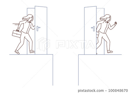 Smiling businesswoman walk in shortcut door find solution Smiling businesswoman walk in shortcut door find solution 100848670