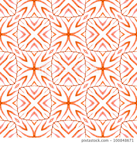Hand painted tiled watercolor border. Orange lively boho chic summer design. Textile ready fair print, swimwear fabric, wallpaper, wrapping. Tiled watercolor background. Hand painted tiled watercolor border. Orange lively boho chic summer design. Textile ready fair print, swimwear fabric, wallpaper, wrapping. Tiled watercolor background. 100848671