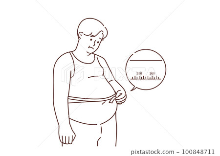 Unhappy fat man measure belly with tape  100848711