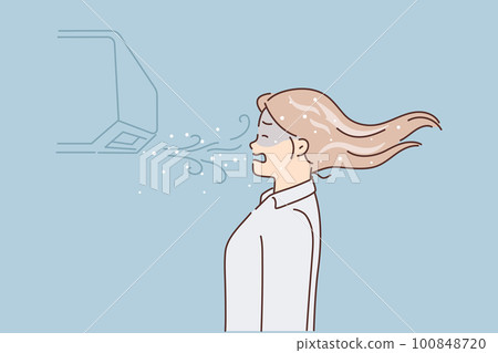 Unhappy woman freeze near air conditioner Unhappy woman freeze near air conditioner 100848720
