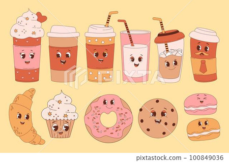 Retro characters sweets and coffe. Cute cartoon coffee in takeaway cup, croissant, cupcake, donut, chocolate chip cookies and macaron. Vector illustration. Big collection in nostalgic style. Retro characters sweets and coffe. Cute cartoon coffee in takeaway cup, croissant, cupcake, donut, chocolate chip cookies and macaron. Vector illustration. Big collection in nostalgic style. 100849036