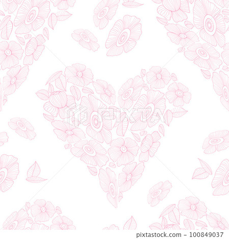 Seamless pattern with floral heart. Linear pink groovy daisy flower on transparent background. Vector Illustration. Aesthetic modern art hand drawn for wallpaper, design, textile, packaging, decor. Seamless pattern with floral heart. Linear pink groovy daisy flower on transparent background. Vector Illustration. Aesthetic modern art hand drawn for wallpaper, design, textile, packaging, decor. 100849037