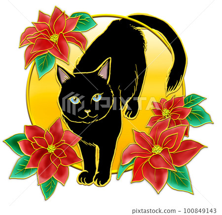 一品紅和貓_黑貓_背景金 一品紅和貓_黑貓_背景金 100849143