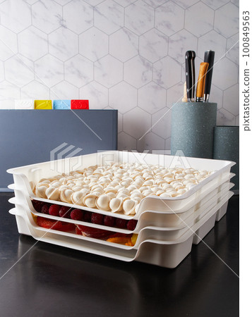 Smart storage of frozen food in trays. Dumplings, berries, peppers are convenient to prepare for the winter 100849563
