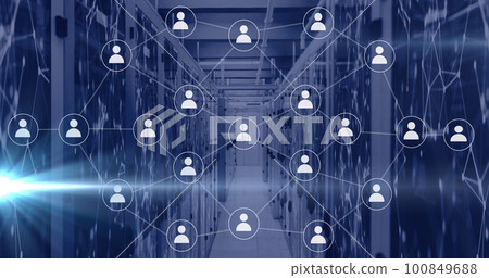 Composition of light trails and network of connections with icons over server room Composition of light trails and network of connections with icons over server room 100849688