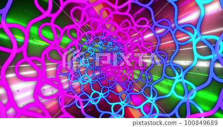 Composition of blue and pink shapes over light trails on black background Composition of blue and pink shapes over light trails on black background 100849689