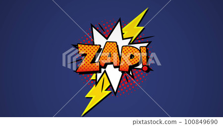 Image of zap text over abstract pattern and lightning icon against blue background 100849690