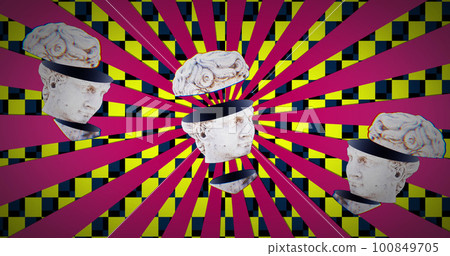 Image of head sculptures over pink lines on checkered background Image of head sculptures over pink lines on checkered background 100849705