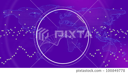 Composition of scope scanning with dna strand over world map on purple background Composition of scope scanning with dna strand over world map on purple background 100849778