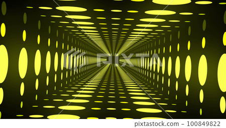 Composition of yellow circles neon grid over black background 100849822