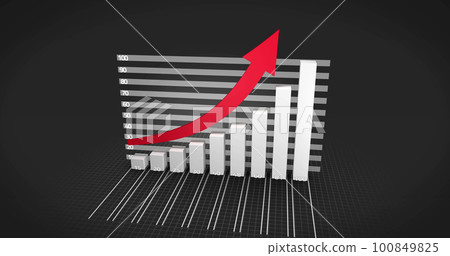 Composition of red arrow over statistics processing over black background 100849825