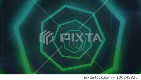 Composition of tunnel of green and blue neon hexagons on black background 100849826