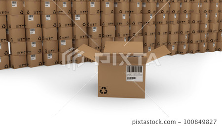 Composition of opened cardboard box over stack of boxes on white background 100849827