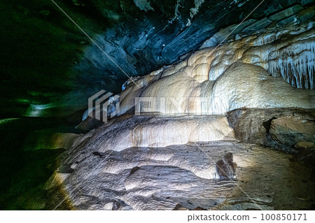Limestone cave of stalactite and stalagmite formations, Gruta da Lapa Doce Cave, Chapada Diamantina in Bahia, Brazil. 100850171