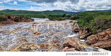 Donana Waterfall in Paraguassu River with dark waters in Andarai, Chapada Diamantina, Bahia in Brazil Donana Waterfall in Paraguassu River with dark waters in Andarai, Chapada Diamantina, Bahia in Brazil 100850177