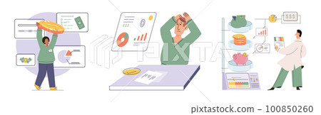 Budget plan concept. Evaluates his income and expenses, analyzes investments and savings Budget plan concept. Evaluates his income and expenses, analyzes investments and savings 100850260