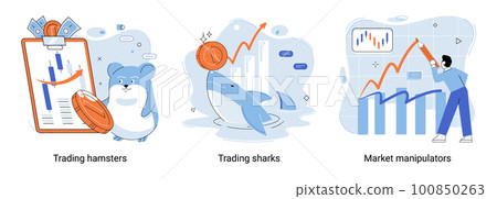 Stock market manipulation. Characters analyzing stock market data to control financial graphic chart Stock market manipulation. Characters analyzing stock market data to control financial graphic chart 100850263