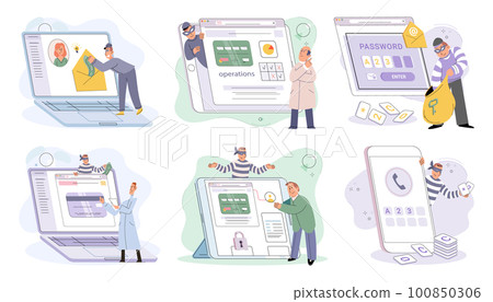 Hacker activity big set. Hacking computer. Phishing account, cyber attack on personal data 100850306