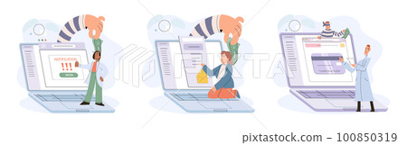 Hacker activity big set. Hacking computer. Phishing account, cyber attack on personal data Hacker activity big set. Hacking computer. Phishing account, cyber attack on personal data 100850319