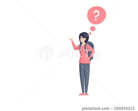 Making confusion concept. Young girl traveler with backpack chooses path, woman evaluates options 100850321