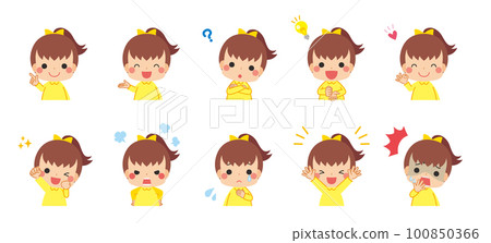 Illustration set of cute girls doing various poses Emotions variations White background Illustration set of cute girls doing various poses Emotions variations White background 100850366