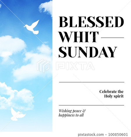 Composition of blessed whit sunday text over blue sky with clouds and doves 100850601