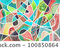watercolor graphic lines and spots of paint of orange, blue, green color with white lines 100850864