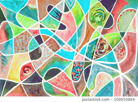 watercolor graphic lines and spots of paint of orange, blue, green color with white lines watercolor graphic lines and spots of paint of orange, blue, green color with white lines 100850864