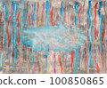 abstract fluid watercolor with blue cloud and violet, red vertical drip lines 100850865