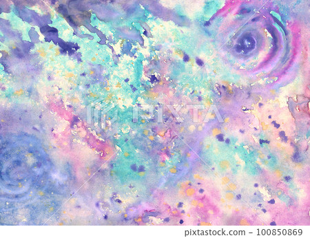 fluid blue, pink and green watercolor background with spiral circular lines drawn 100850869