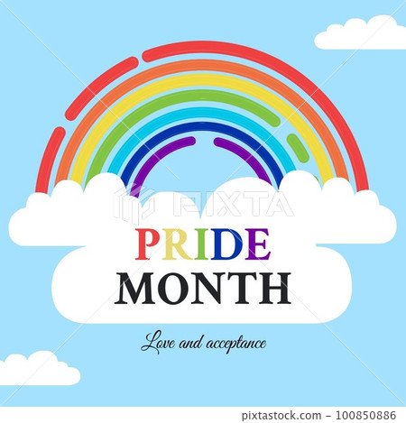Composition of pride month text over rainbow and clouds on blue background 100850886