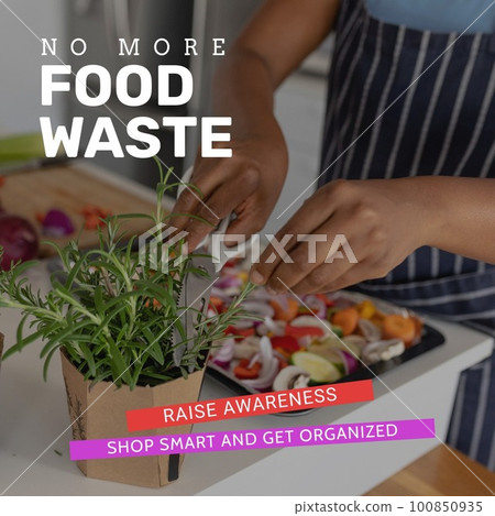 Composition of no more food waste text over biracial man cutting fresh herbs Composition of no more food waste text over biracial man cutting fresh herbs 100850935