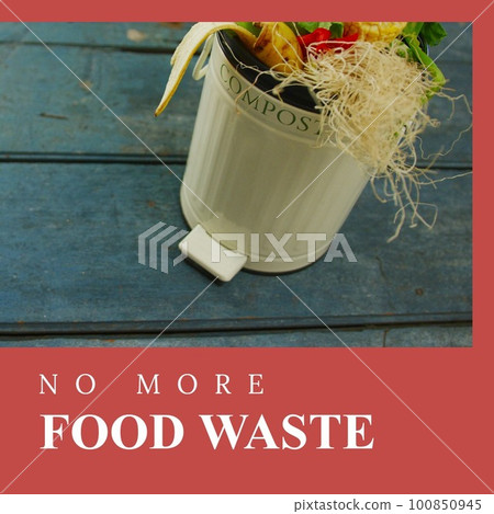 Composition of no more food waste text over food in waste basket Composition of no more food waste text over food in waste basket 100850945