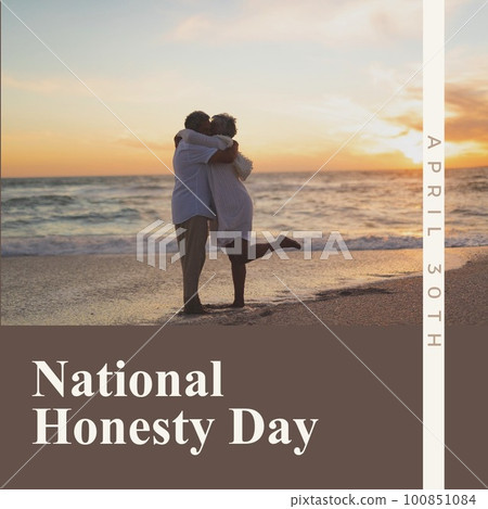 Composite of april 30th and national honesty day text, diverse senior couple kissing at scenic beach 100851084