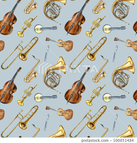 Musical instruments seamless pattern watercolor... - Stock Illustration ...