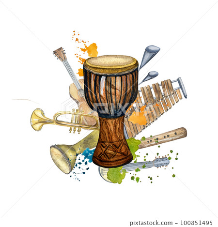 Composition of percussion musical instruments and splash watercolor illustration isolated. Composition of percussion musical instruments and splash watercolor illustration isolated. 100851495