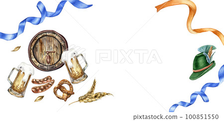 Wooden barrel, pint beer, pretzel watercolor illustration isolated on white. Wooden barrel, pint beer, pretzel watercolor illustration isolated on white. 100851550