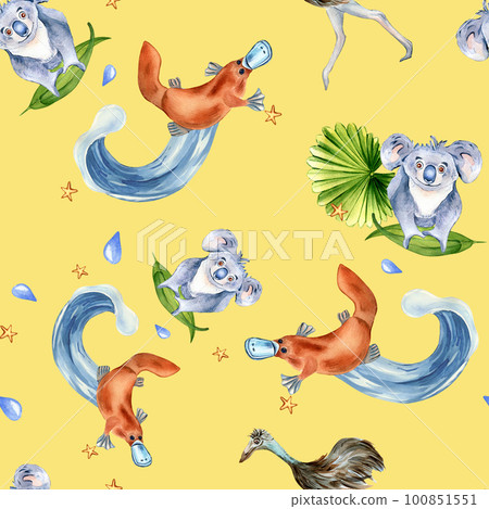 Cartoon animals watercolor seamless pattern isolated on yellow. Cartoon animals watercolor seamless pattern isolated on yellow. 100851551