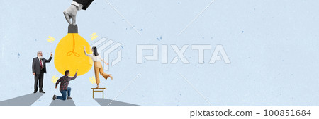 Motivated employees, office workers generating profitable ideas, standing near giant light bulb. Banner. Contemporary art collage. Motivated employees, office workers generating profitable ideas, standing near giant light bulb. Banner. Contemporary art collage. 100851684