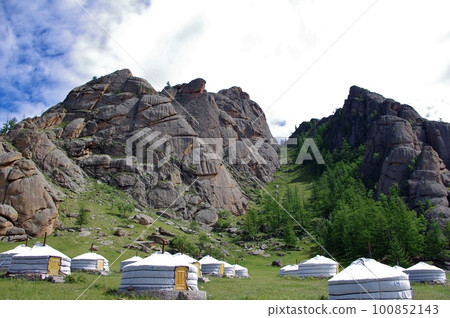 Landscape of ger group and rocky mountain in Boubait Camp, Mongolia 100852143