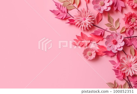Many flowers made of paper on pink background with copy space. Floral frame layout with text space. Romantic feminine composition. Wedding invitation. International Womens day, Mother Day, Birthday Many flowers made of paper on pink background with copy space. Floral frame layout with text space. Romantic feminine composition. Wedding invitation. International Womens day, Mother Day, Birthday 100852351