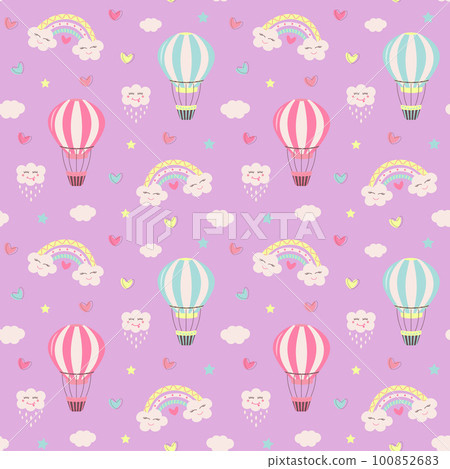 Seamless pattern with hot air balloon, kawaii rainbows, clouds, stars and hearts.  100852683
