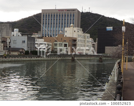 Scenery with a river, Tokushima City, Tokushima Prefecture, along the Shinmachi river, a first-class river, spring walk along the river 100852923